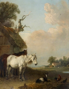 Landscape with Two Horses and a Goat by a Shed
