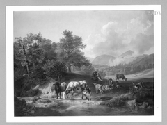 Landschaft mit Kühen und Ziegen am Wasser by Friedrich Gauermann