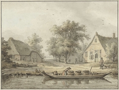 Landschap met afgemeerde schuit met vaten by Cornelis Buys