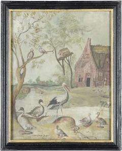 Landschap met boerenhuis en vrouwtje by Margareta de Heer