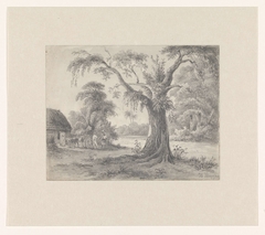 Landschap met een boom en hut met paard en wagen en twee figuren by Hendrik Huygens