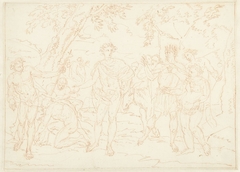 Mythologische voorstelling met man staande tussen twee groepen toeschouwers by Louis Fabritius Dubourg