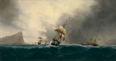 Navires devant le rocher de Gibraltar by Chéri-François-Marguerite Dubreuil