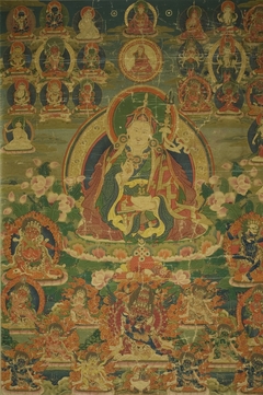 Painted Banner (Thangka) of Sage Guru Padmasambhava Seated Holding a Thunderbolt (Vajra) and Skull Cup (Kapala) by Anonymous