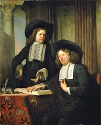 Portrait of two men by a table with books and writing tools