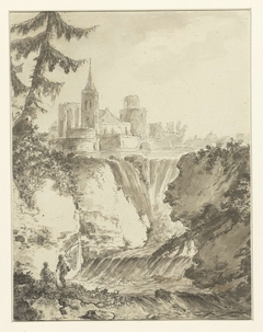 Ruïneus kerkgebouw bij een waterval by Unknown Artist