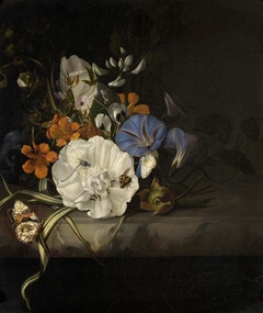 Spray of flowers with insects and butterflies on a marble slab by Rachel Ruysch