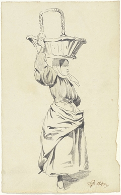 Staande vrouw met mand op het hoofd by Pieter van Loon
