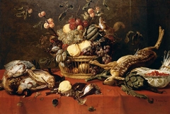 Still life of fruit in a basket together with game, a bowl of fraises-de-bois, artichokes, asparagus and a squirrel upon a table draped with a red cloth