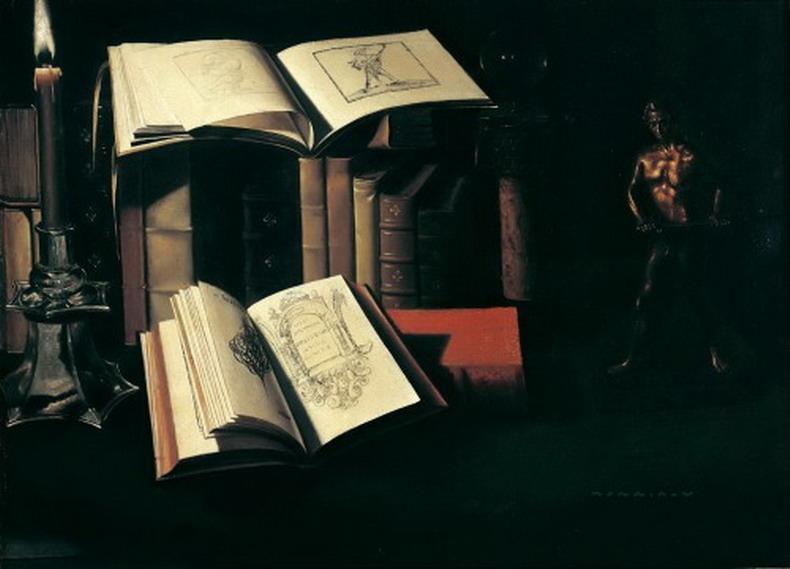 Still-life with books and bronze statue
