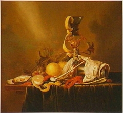 Still life with goblet holder, berkemeyer, silver beaker, shellfish and fruit