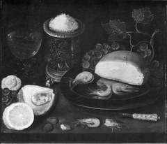 Still life with oyster, shrimps, a salt cellar, a bread roll, and a lemon