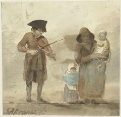 Straatmuzikant met vrouw en kinderen by Simon Andreas Krausz