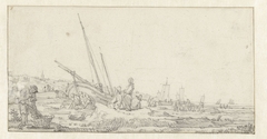 Strandgezicht met vissersschepen en groepen mensen by Egbert Lievensz. van der Poel