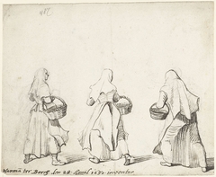 Studieblad met drie lopende vrouwen, van achteren by Harmen ter Borch