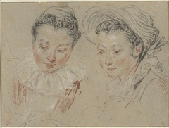 Studieblad met twee meisjeskoppen, het rechter met een stroohoed by Antoine Watteau