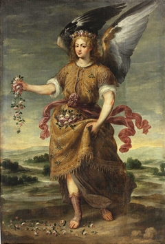 The Archangel Baraquiel scattering flowers