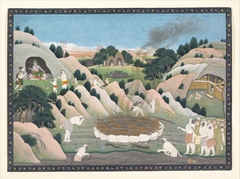 The Monkey King Vali's Funeral Pyre: Illustrated folio from a dispersed Ramayana series by Nainsukh