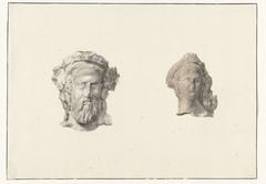 Twee hoofden van beelden van het theater van Tarente opgegraven in aanwezigheid van de kunstenaar by Louis Ducros