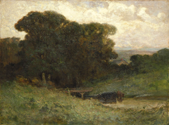 Untitled (forest scene with bridge, cows in stream in foreground) by Edward Mitchell Bannister