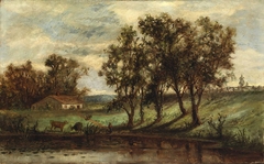 Untitled (man with cows grazing near pond with house and trees in background) by Edward Mitchell Bannister