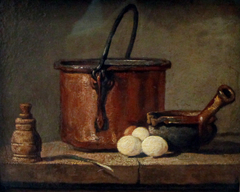 Ustensiles de cuisine, chaudron, poélon et œufs by Jean-Baptiste-Siméon Chardin