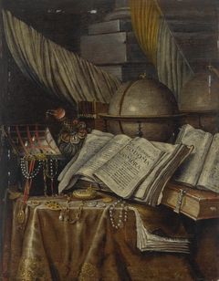 Vanitas still life with a globe, books, and a box of jewels all resting on a draped table