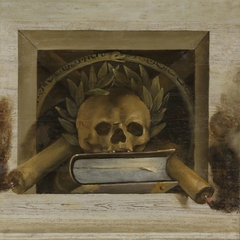 Vanitas Still Life with Scull with Laurel Wreath and two Burning Candles