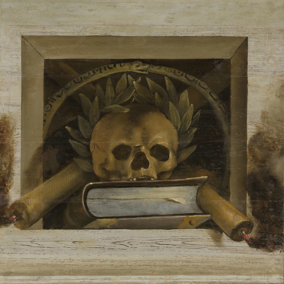 Vanitas Still Life with Scull with Laurel Wreath and two Burning Candles