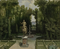 Vista de los jardines de la Casa de Campo con la estatua de Felipe III by Anonymous