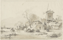 Winterlandschap met rechts een molen en enkele huisjes op een dijk by Andreas Schelfhout