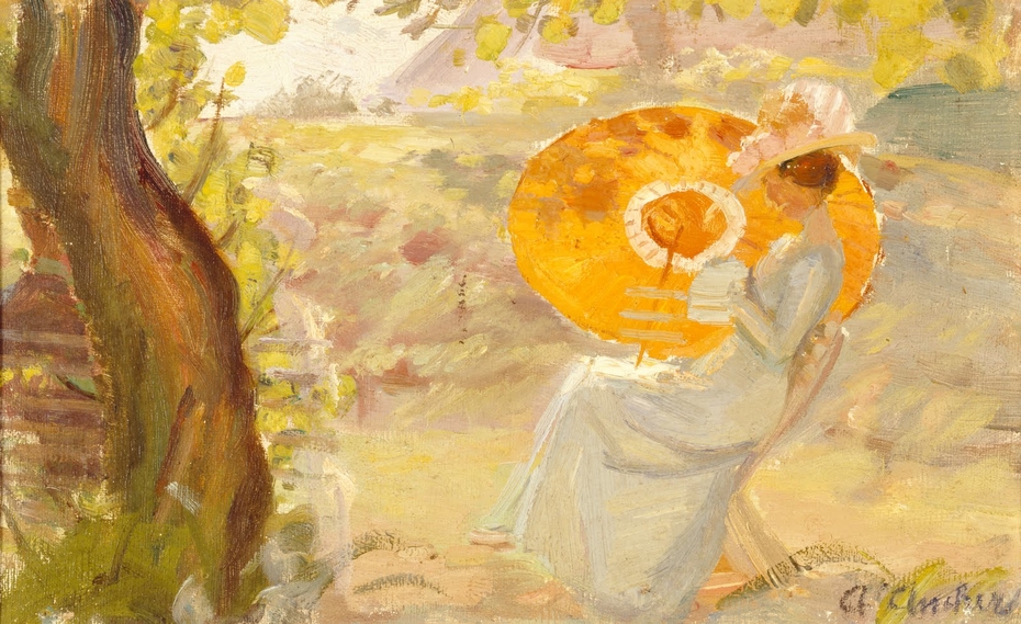 Young Girl in a Garden with Orange Umbrella