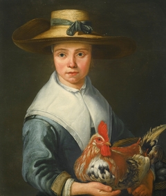 Young lady in a straw hat holding a cockerel and a basket of eggs