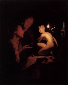 Young Man and Woman Studying a Statue of Venus, by Lamplight by Godfried Schalcken
