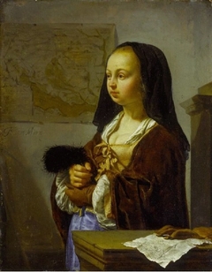 Young Woman with Feather Fan Prepared to Go Out