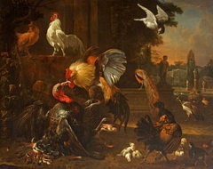 A Cock and Turkey fighting, in a Park Setting, with other Fowl by Melchior d'Hondecoeter