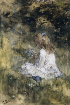 A Girl with Flowers on the Grass by Jacob Maris