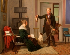 A hunter showing his wife the bag of the first snipe hunt. Portrait of the master of the Royal Hunt Chr. Fr. Zeuthen and his wife, Sophie Hedevig by Martinus Rørbye