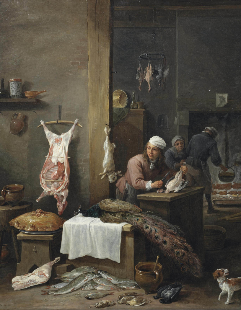 A kitchen interior with a cook preparing game at a table (Le Cuisinier Flamand)