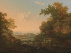 A River Scene with Thatched Huts by a Bridge over a Weir by James Lambert