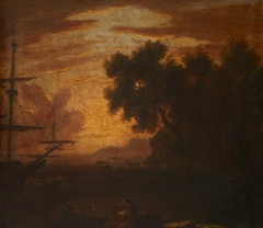 A Sunset Coastal Scene with an Anchored Frigate and Figures in a Longboat by follower of Claude-Joseph Vernet