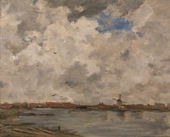 A Windmill and Houses beside Water: Stormy Sky by Jacob Maris