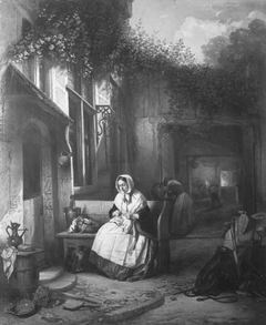 A Woman Knitting in a Courtyard by Jan August Hendrik Leys