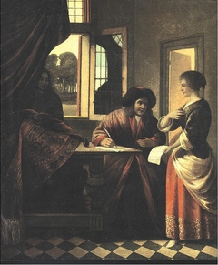 A Woman Standing before a Man Seated at a Table