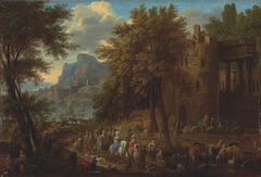 A wooded landscape with an elegant company passing through architectural ruins, with a castle and harbour beyond
