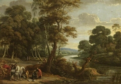 A Wooded River Landscape with Saint Philip baptising the Eunuch by Lucas van Uden