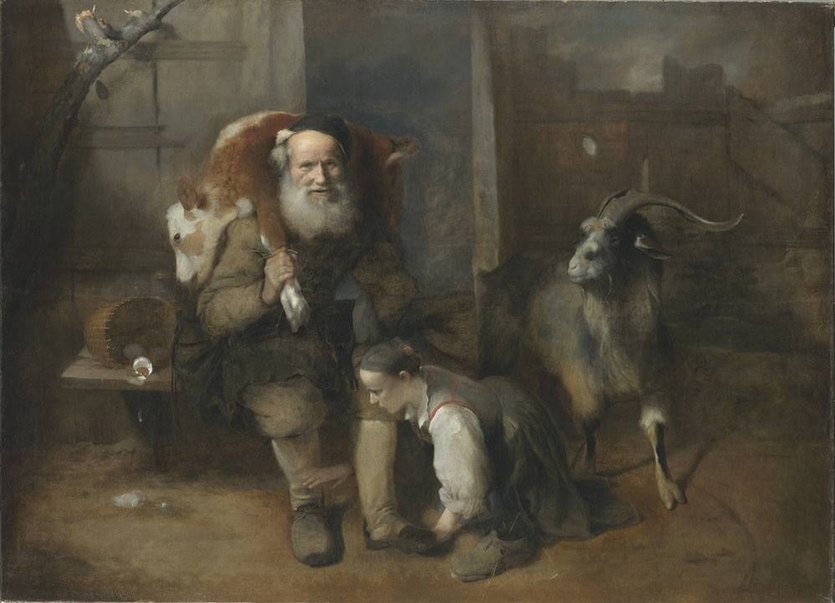 Alter Bauer mit geschultertem Kalb, junger Frau und Ziegenbock