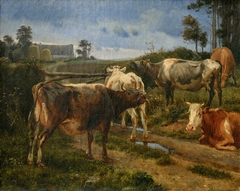 Bellowing cows by the fence gate by Johan Lundbye