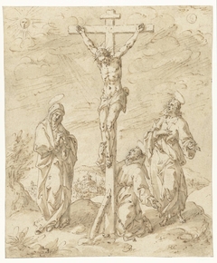 Christus aan het kruis tussen Maria en Johannes de Evangelist; aan de voet van het kruis de H. Franciscus by Hendrik de Clerck