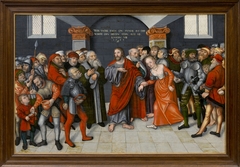 Christus en de overspelige vrouw by Lucas Cranach the Younger
